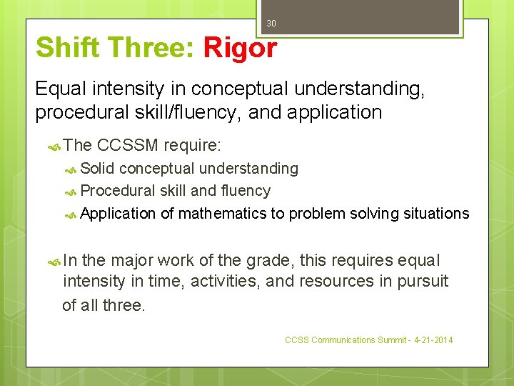 30 Shift Three: Rigor Equal intensity in conceptual understanding, procedural skill/fluency, and application The