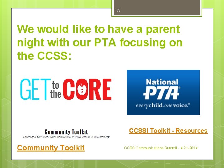 39 We would like to have a parent night with our PTA focusing on