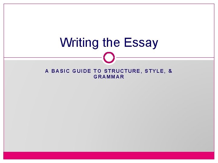 Writing the Essay A BASIC GUIDE TO STRUCTURE, STYLE, & GRAMMAR 