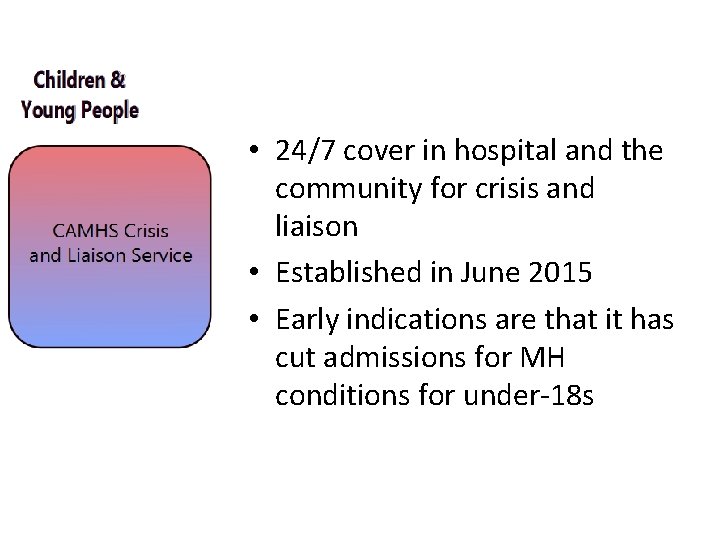  • 24/7 cover in hospital and the community for crisis and liaison •