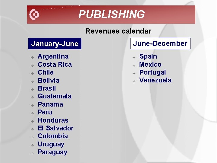 PUBLISHING Revenues calendar January-June à à à à Argentina Costa Rica Chile Bolivia Brasil