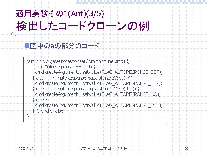 適用実験その 1(Ant)(3/5) 検出したコードクローンの例 n図中のaの部分のコード public void get. Autoresponse(Commandline cmd) { if (m_Auto. Response ==