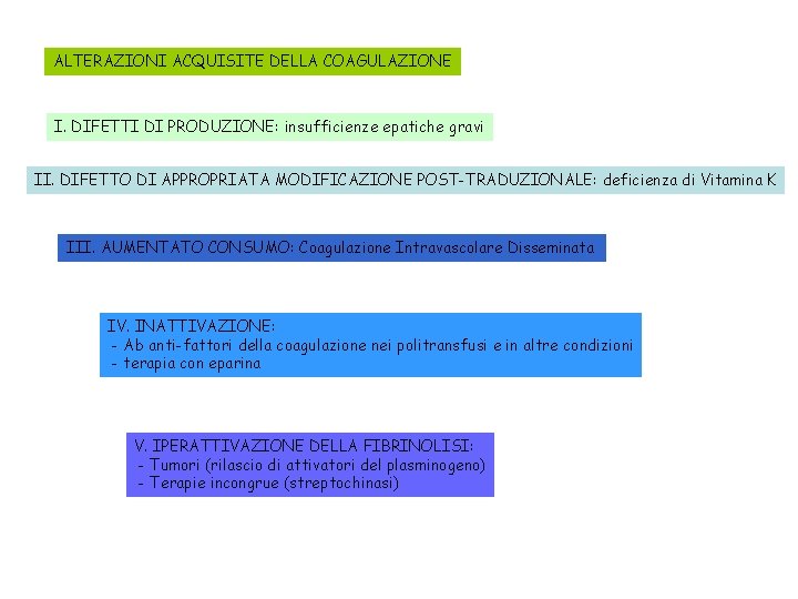 ALTERAZIONI ACQUISITE DELLA COAGULAZIONE I. DIFETTI DI PRODUZIONE: insufficienze epatiche gravi II. DIFETTO DI