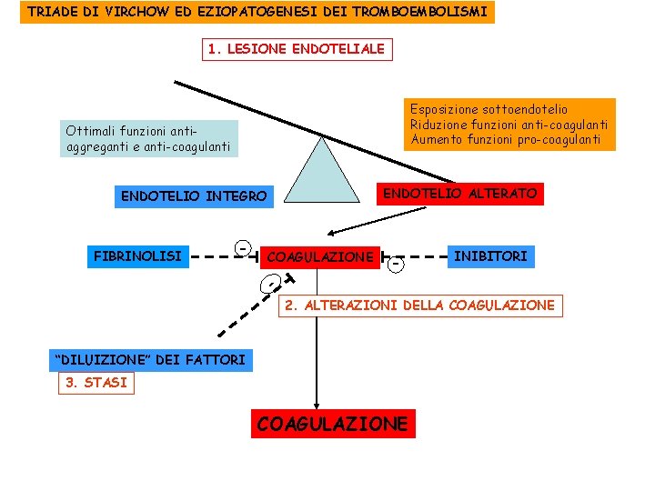 TRIADE DI VIRCHOW ED EZIOPATOGENESI DEI TROMBOEMBOLISMI 1. LESIONE ENDOTELIALE Esposizione sottoendotelio Riduzione funzioni