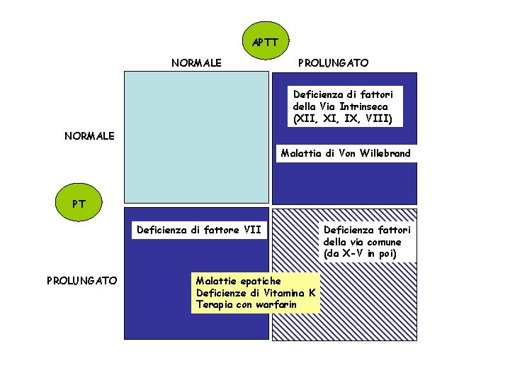 APTT NORMALE PROLUNGATO Deficienza di fattori della Via Intrinseca (XII, XI, IX, VIII) NORMALE