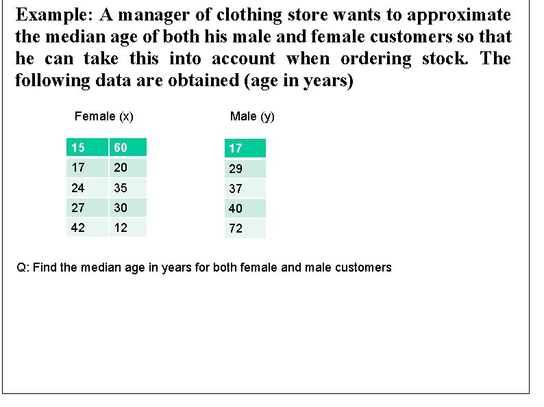 Example: A manager of clothing store wants to approximate the median age of both