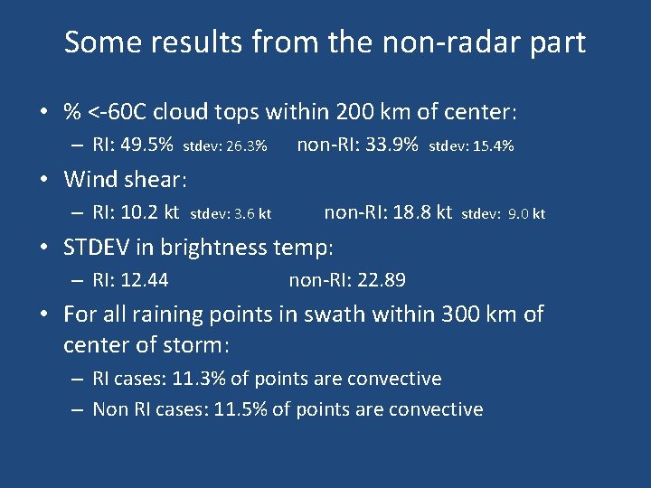 Some results from the non-radar part • % <-60 C cloud tops within 200