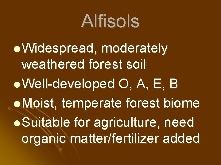 Alfisols l Widespread, moderately weathered forest soil l Well-developed O, A, E, B l