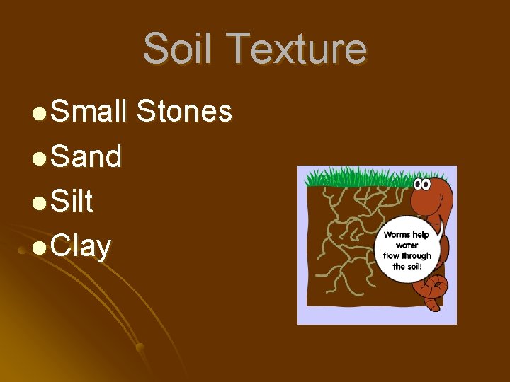 Soil Texture l Small l Sand l Silt l Clay Stones 