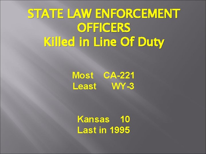 STATE LAW ENFORCEMENT OFFICERS Killed in Line Of Duty Most CA-221 Least WY-3 Kansas