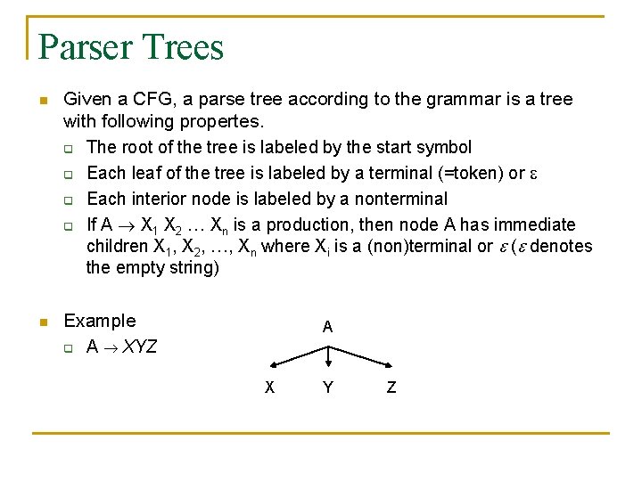 Parser Trees n Given a CFG, a parse tree according to the grammar is