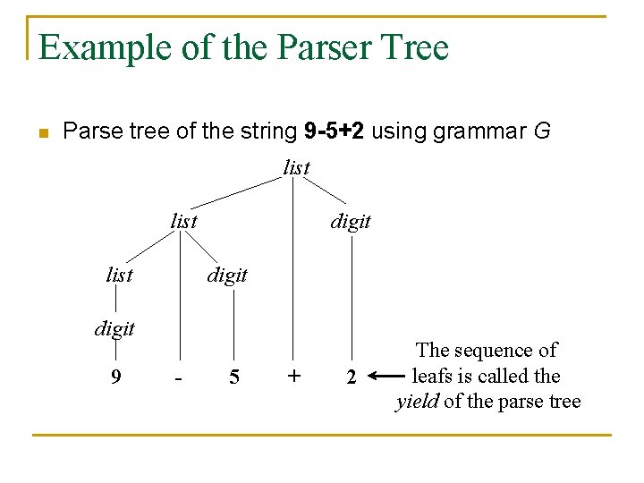 Example of the Parser Tree n Parse tree of the string 9 -5+2 using