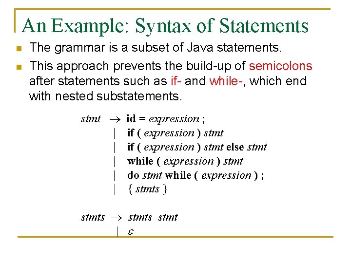 An Example: Syntax of Statements n n The grammar is a subset of Java