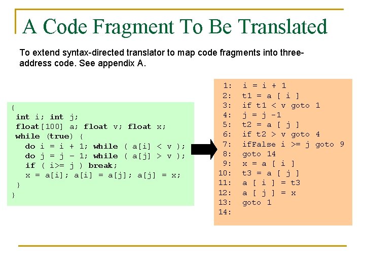 A Code Fragment To Be Translated To extend syntax-directed translator to map code fragments