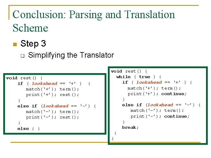 Conclusion: Parsing and Translation Scheme n Step 3 q Simplifying the Translator void rest()