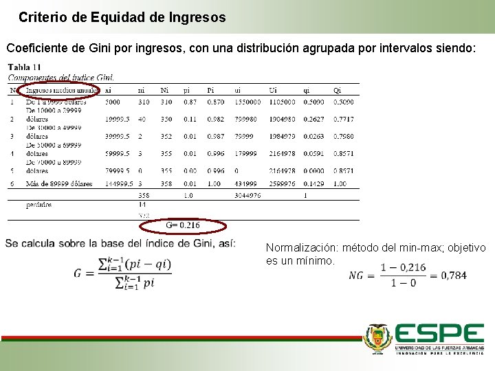 Criterio de Equidad de Ingresos Coeficiente de Gini por ingresos, con una distribución agrupada