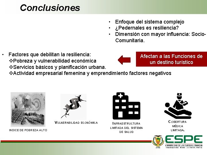 Conclusiones • Enfoque del sistema complejo • ¿Pedernales es resiliencia? • Dimensión con mayor