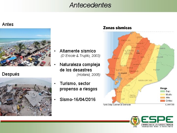 Antecedentes Antes • Altamente sísmico (D´Ercole & Trujillo, 2003) Después • Naturaleza compleja de