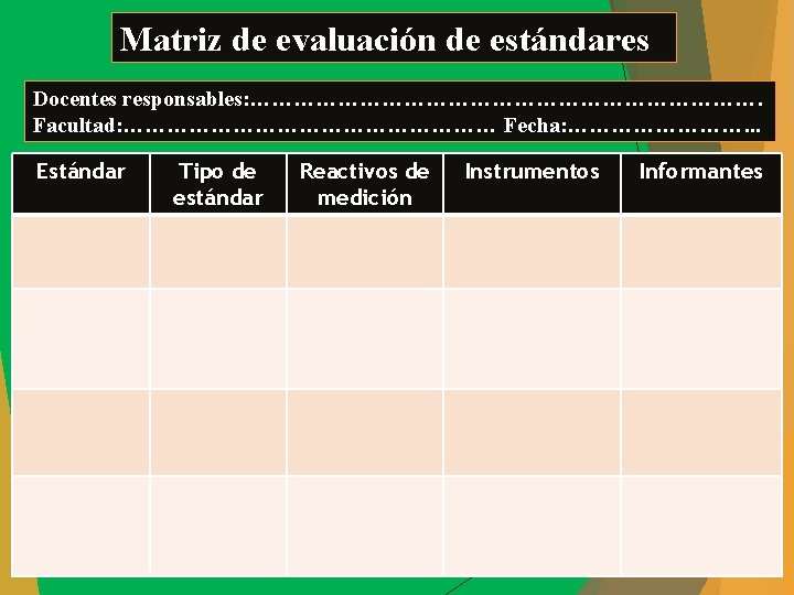 Matriz de evaluación de estándares Docentes responsables: ………………………………. Facultad: ……………………… Fecha: …………. . .