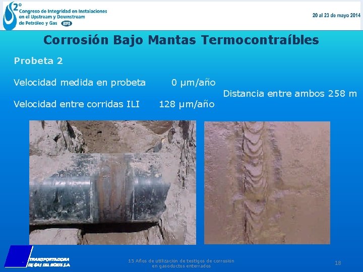 Corrosión Bajo Mantas Termocontraíbles Probeta 2 Velocidad medida en probeta Velocidad entre corridas ILI