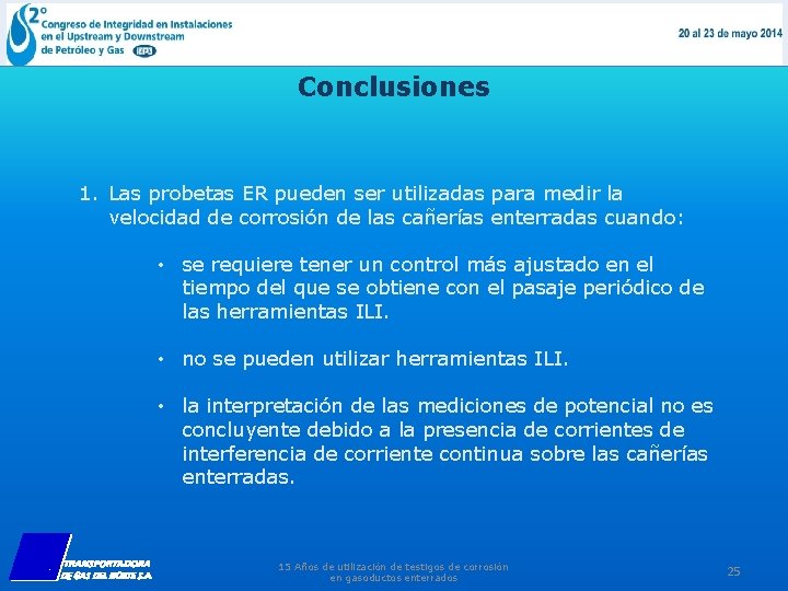 Conclusiones 1. Las probetas ER pueden ser utilizadas para medir la velocidad de corrosión