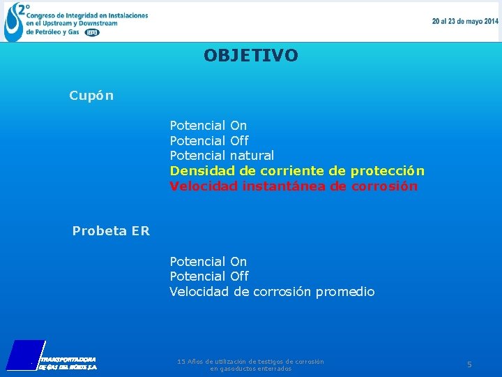 OBJETIVO Cupón Potencial Off Potencial natural Densidad de corriente de protección Velocidad instantánea de