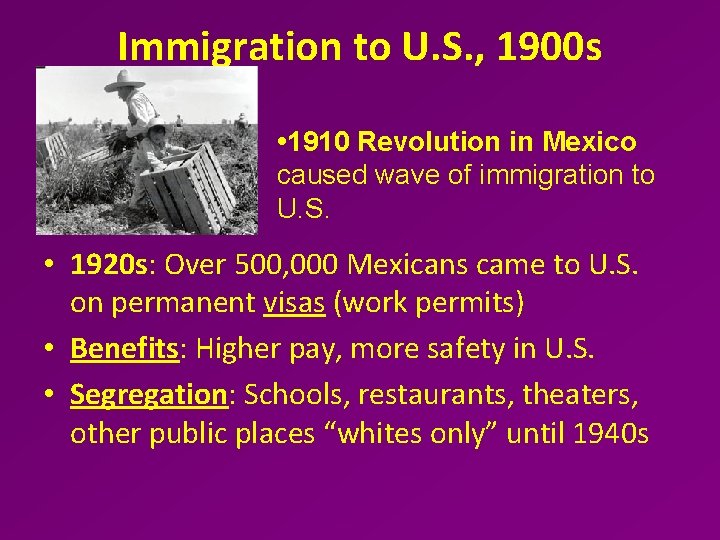 Immigration to U. S. , 1900 s • 1910 Revolution in Mexico caused wave