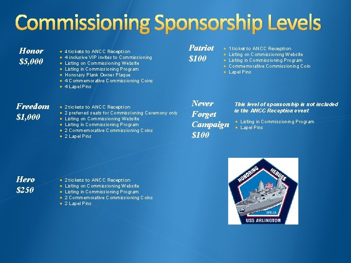 Commissioning Sponsorship Levels Honor $5, 000 · · · · 4 tickets to ANCC