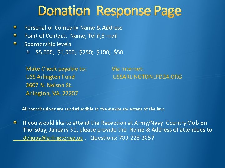 Donation Response Page Personal or Company Name & Address Point of Contact: Name, Tel