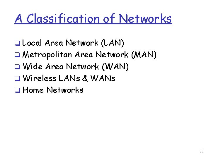 A Classification of Networks q Local Area Network (LAN) q Metropolitan Area Network (MAN)