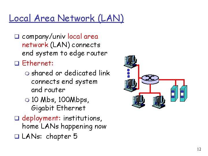 Local Area Network (LAN) q company/univ local area network (LAN) connects end system to