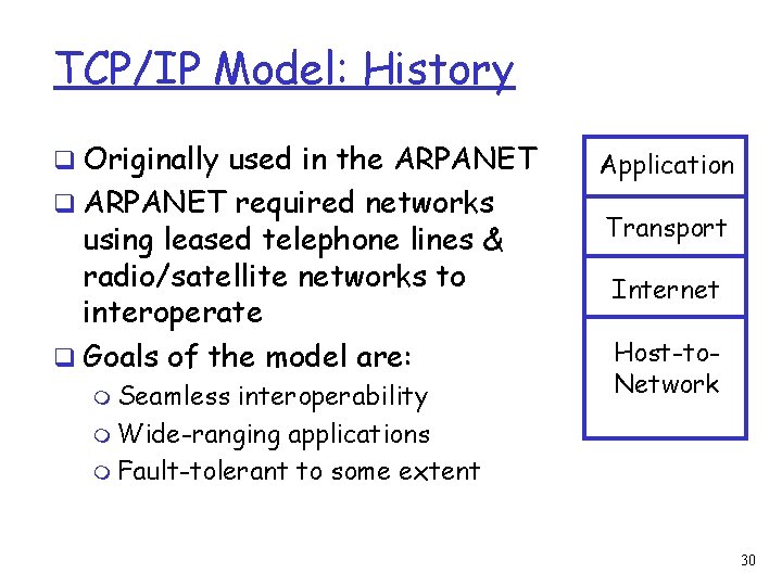 TCP/IP Model: History q Originally used in the ARPANET q ARPANET required networks using
