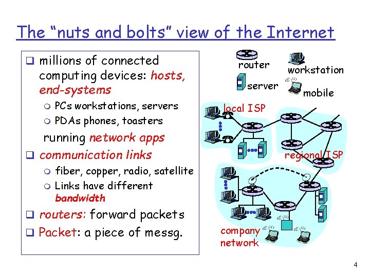 The “nuts and bolts” view of the Internet q millions of connected computing devices: