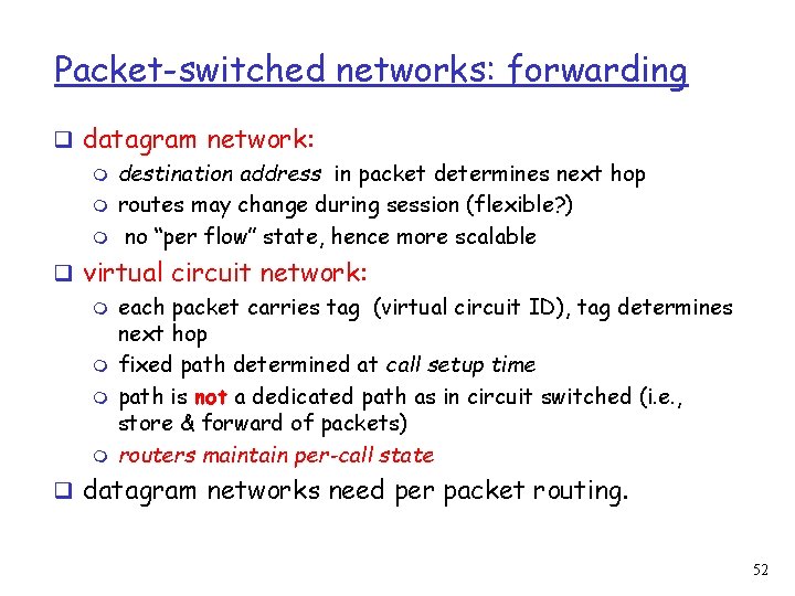 Packet-switched networks: forwarding q datagram network: m destination address in packet determines next hop