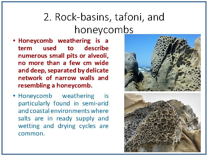 2. Rock-basins, tafoni, and honeycombs • Honeycomb weathering is a term used to describe 2. Rock-basins, tafoni, and honeycombs • Honeycomb weathering is a term used to describe