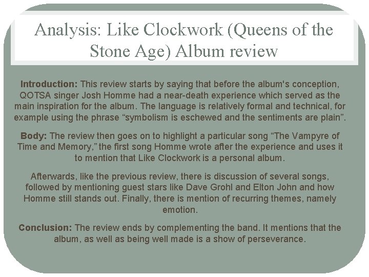 Analysis: Like Clockwork (Queens of the Stone Age) Album review Introduction: This review starts
