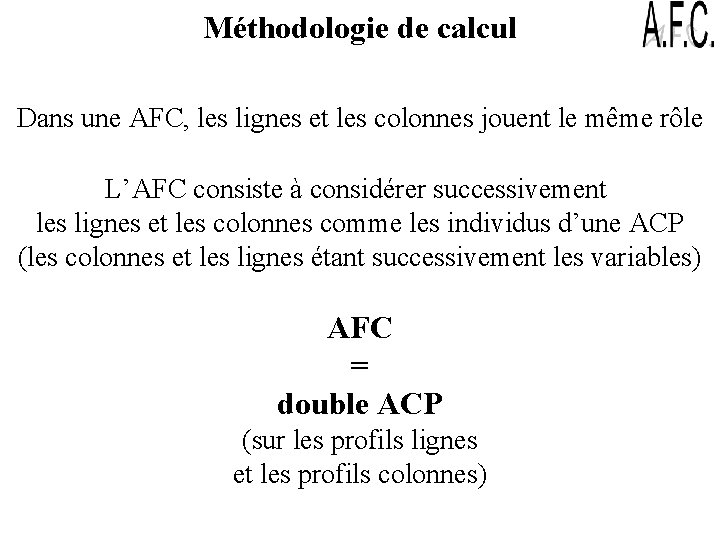 Méthodologie de calcul Dans une AFC, les lignes et les colonnes jouent le même