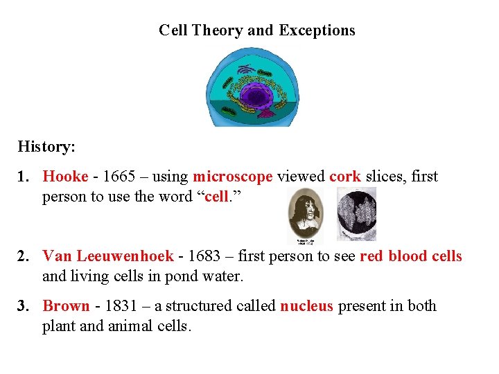 Cell Theory and Exceptions History: 1. Hooke - 1665 – using microscope viewed cork