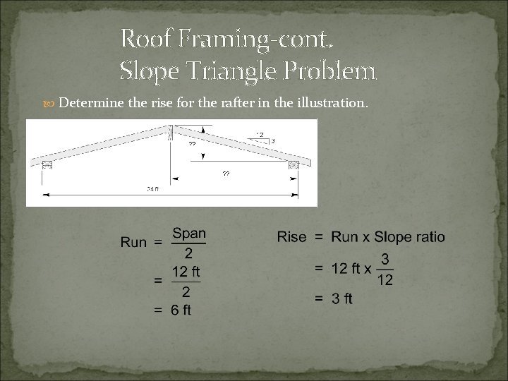 Roof Framing-cont. Slope Triangle Problem Determine the rise for the rafter in the illustration.