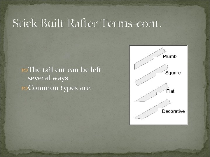 Stick Built Rafter Terms-cont. The tail cut can be left several ways. Common types