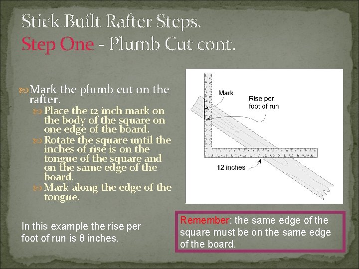Stick Built Rafter Steps. Step One - Plumb Cut cont. Mark the plumb cut