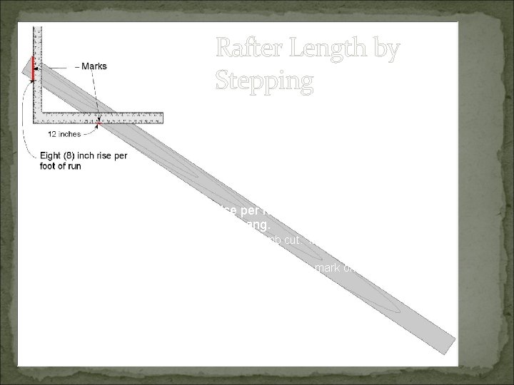 Rafter Length by The stepping process uses the rise and run. Stepping Works best
