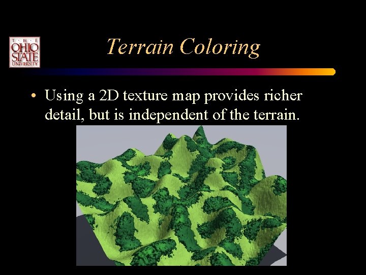 Terrain Coloring • Using a 2 D texture map provides richer detail, but is