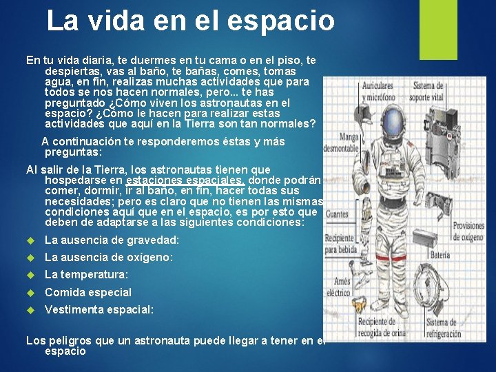 La vida en el espacio En tu vida diaria, te duermes en tu cama