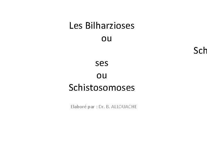 Les Bilharzioses ou Schistosomoses Elaboré par : Dr. B. ALLOUACHE Sch 