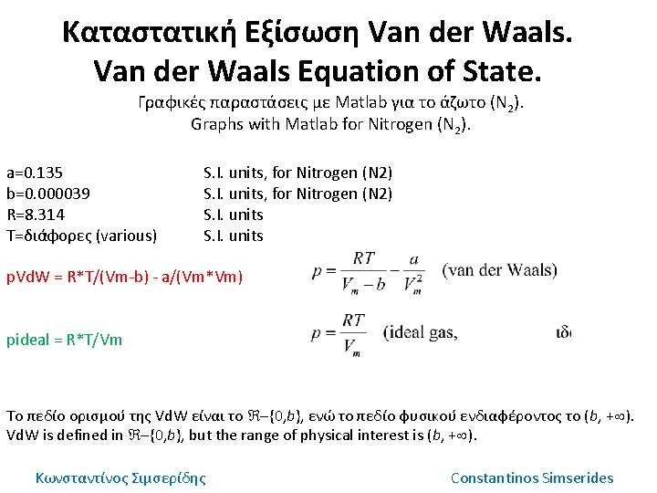 Καταστατική Εξίσωση Van der Waals Equation of State. Γραφικές παραστάσεις με Matlab για το