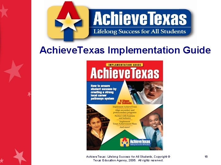 Achieve. Texas Implementation Guide Achieve. Texas: Lifelong Success for All Students, Copyright © Texas