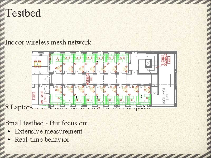 Testbed Indoor wireless mesh network 8 Laptops and Soekris boards with 802. 11 chipsets. Testbed Indoor wireless mesh network 8 Laptops and Soekris boards with 802. 11 chipsets.