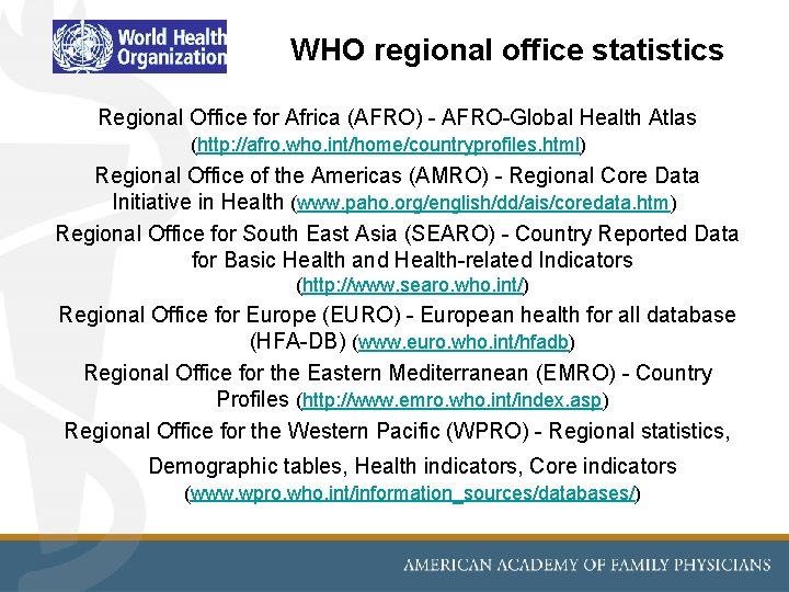 WHO regional office statistics Regional Office for Africa (AFRO) - AFRO-Global Health Atlas (http: WHO regional office statistics Regional Office for Africa (AFRO) - AFRO-Global Health Atlas (http: