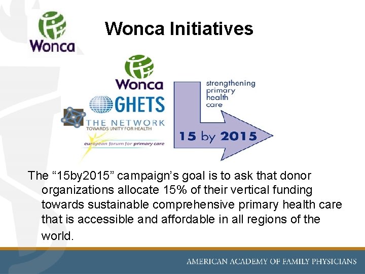 Wonca Initiatives The “ 15 by 2015” campaign’s goal is to ask that donor Wonca Initiatives The “ 15 by 2015” campaign’s goal is to ask that donor